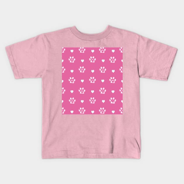 White doodle paw prints with pink hearts and pink background Kids T-Shirt by GULSENGUNEL